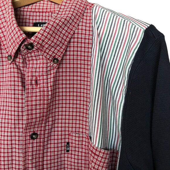 Upcycled Mixed Print Button-Down Shirt, Size M-L: Spliced Plaid & Striped Top - Picture 9 of 12